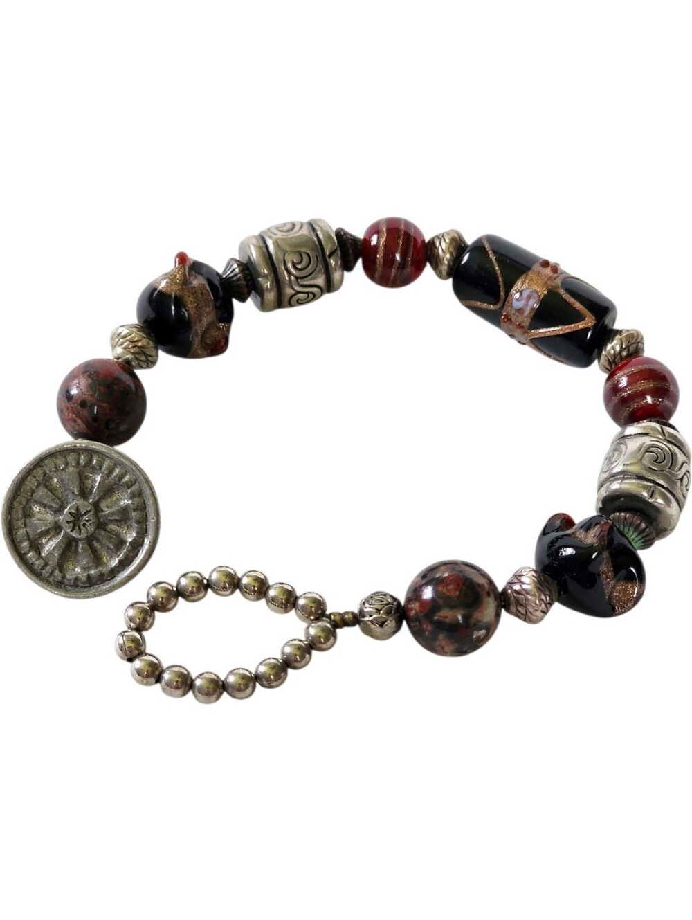 Vintage Boho Glass & Metal Bead Artisan Bracelet in Black and Red